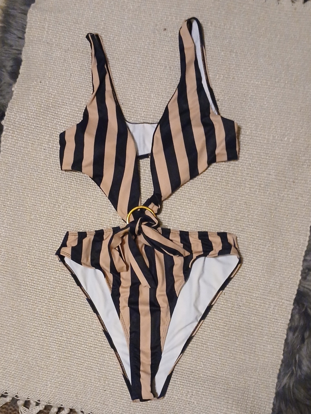 SHEIN Black and Tan Striped One-Piece Swimsuit with Ring Detail